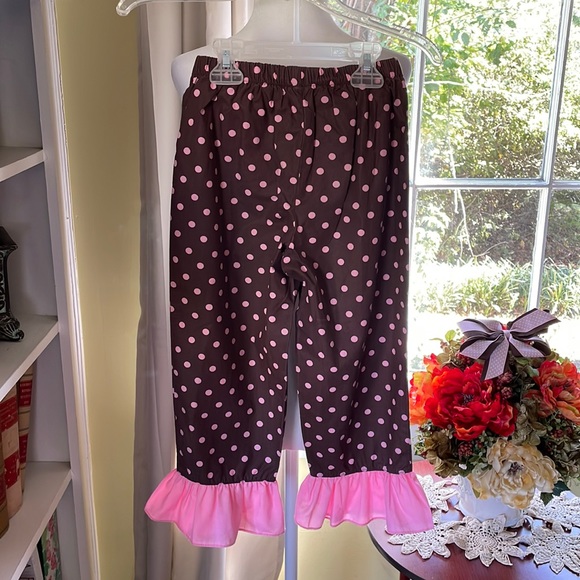 Girls Boutique Pink Polka Dot Monogram I Ruffle Pants Set With Custom Bow - Picture 7 of 8